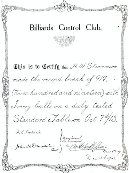 H W Stevenson Certificate from Billiards Control Club